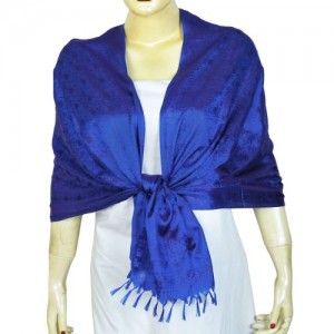 Jacquard Foulards de soie pour femme en bleu avec une frange bleue